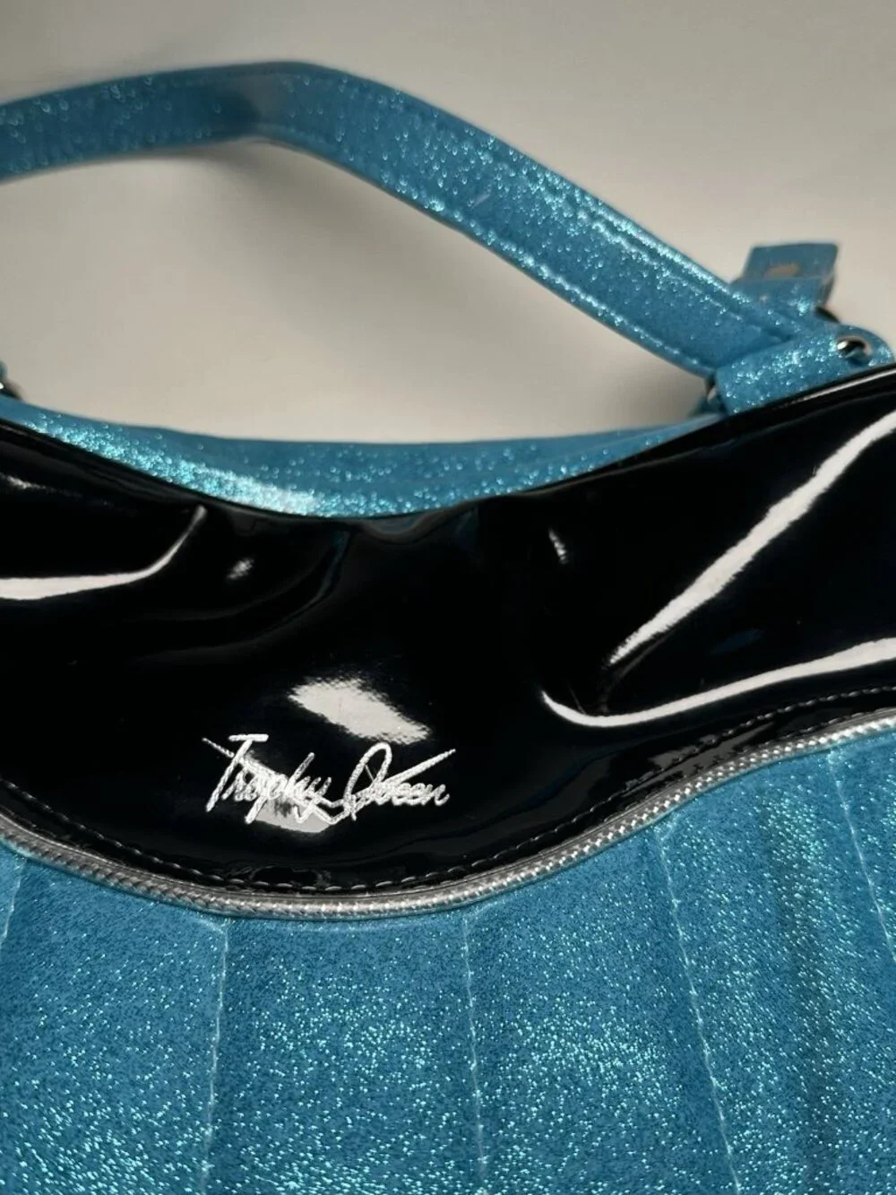 OOAK Trophy Queen Tuck and Roll Tote Blue Black Leopard Print Leather Hot Rod - Picture 7 of 13